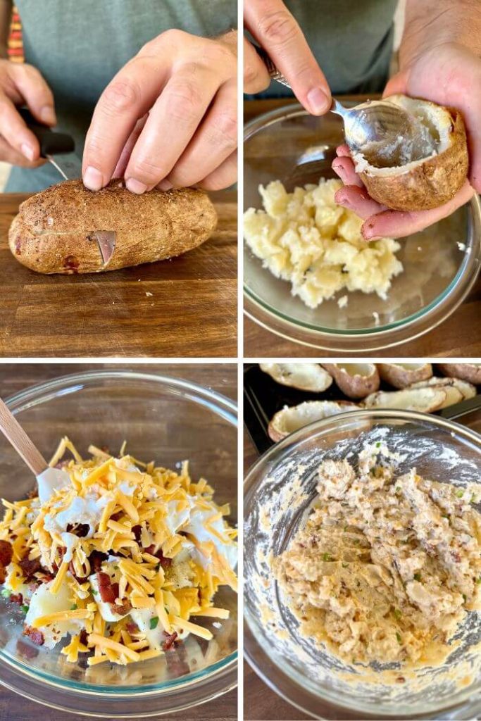 collage of pictures showing how to prepare filling for twice baked potatoes