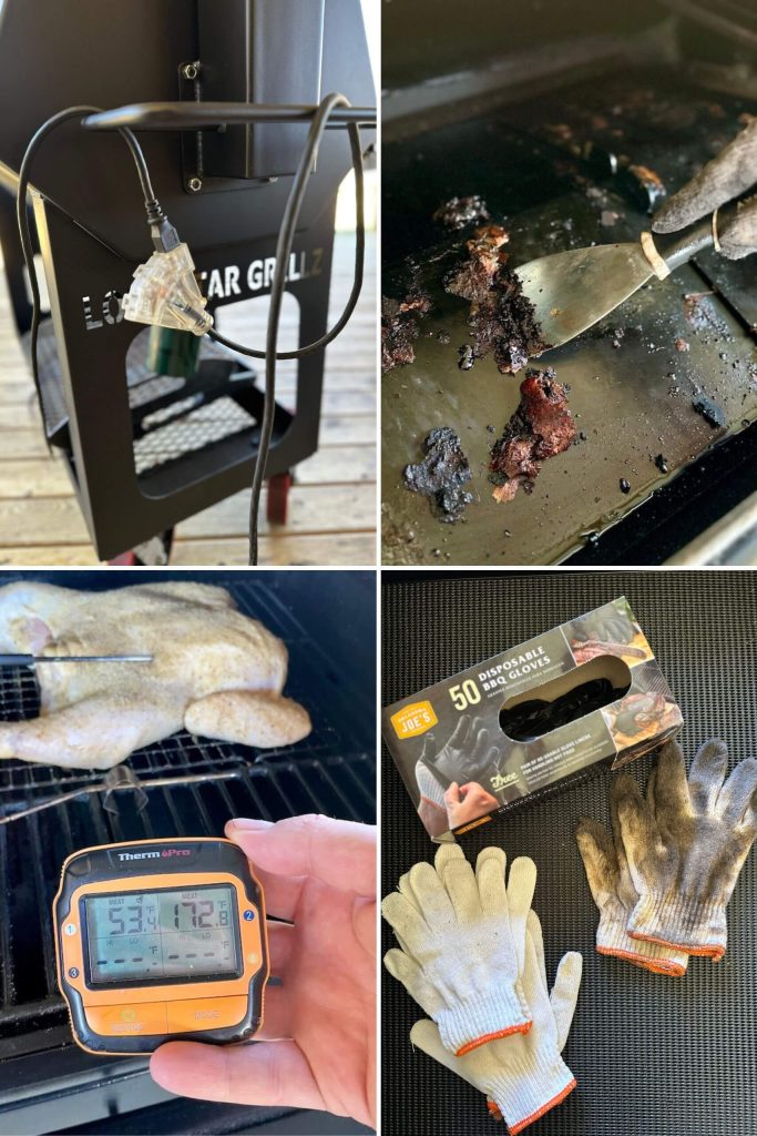 collage of pellet grill accessories including barbecue gloves, scraper, and wireless thermometer