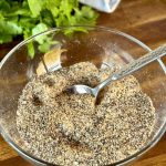 Texas style rub with seasoned salt, garlic, black pepper, and kosher salt