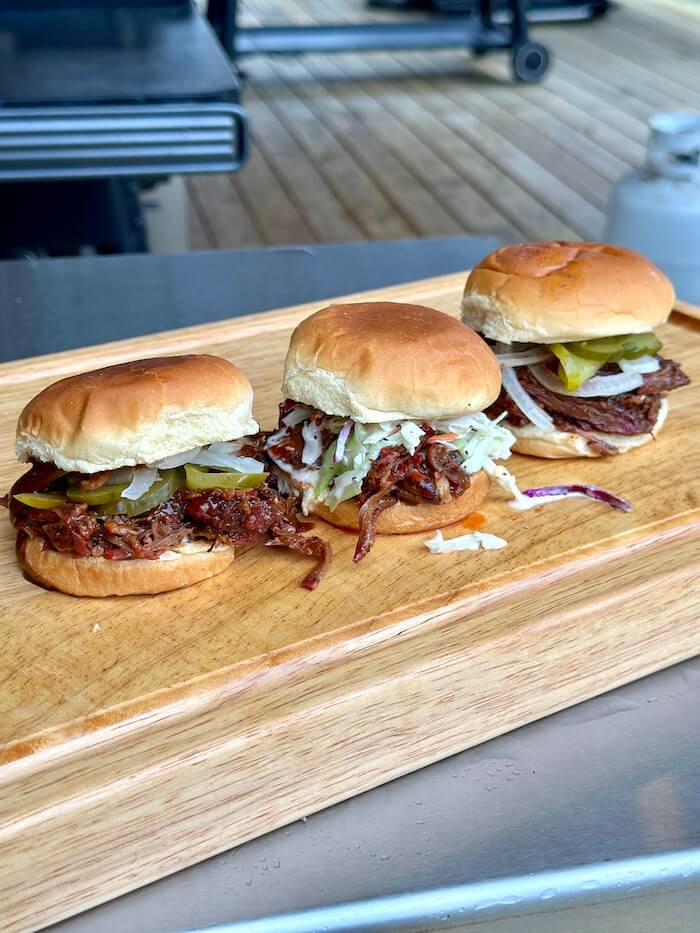 smoked bbq beef sandwiches made with pulled chuck roast