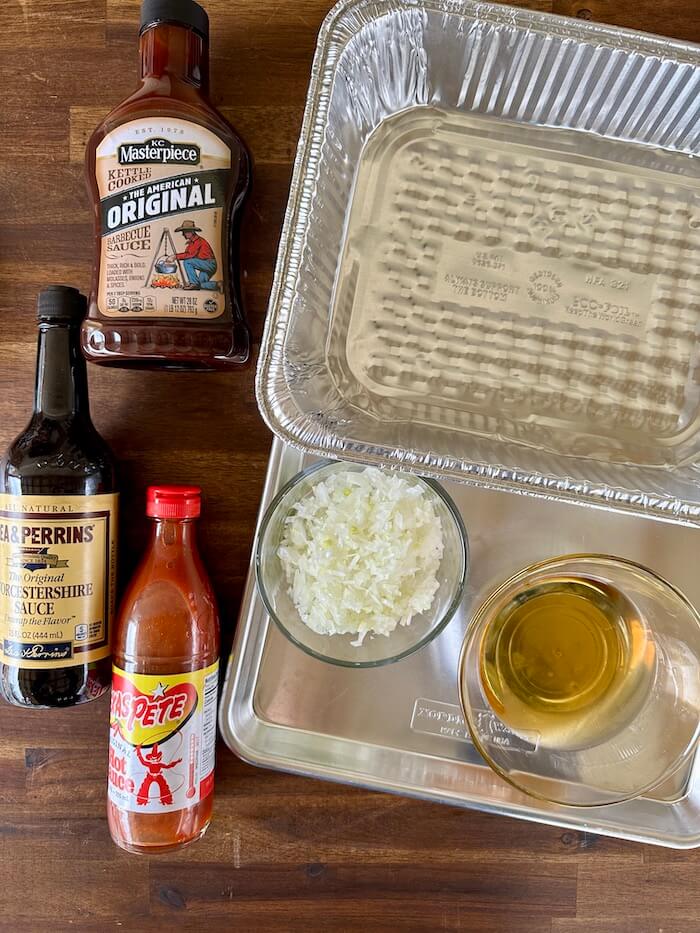 barbecue sauce, hot sauce, apple cider vinegar, diced onion, and worcestershire sauce