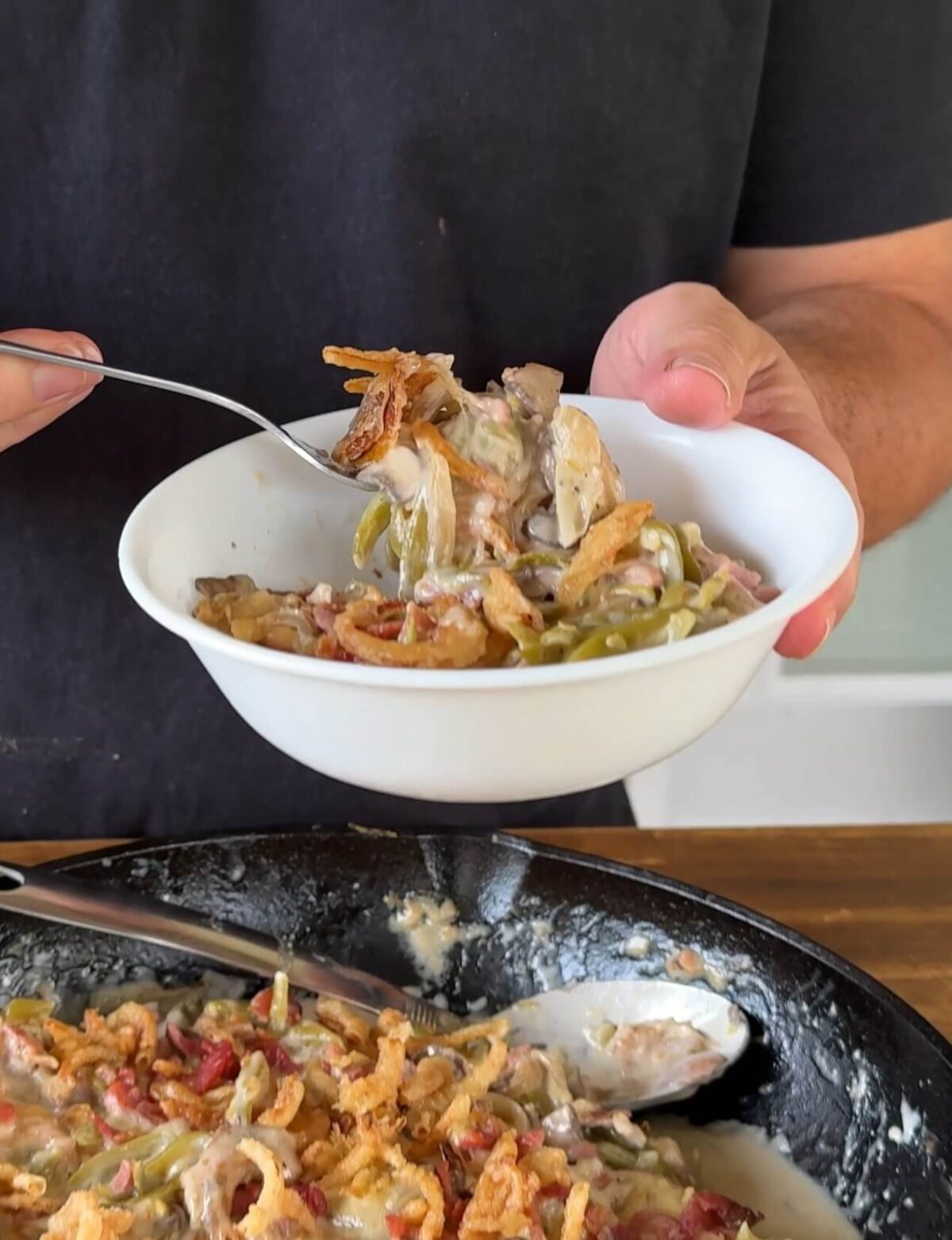 smoked green bean casserole in a bowl