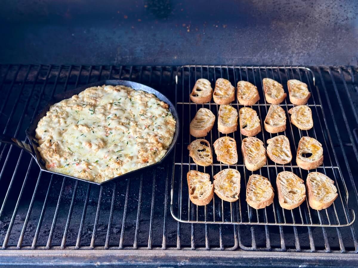 smoking crab dip and crostini on a pellet grill