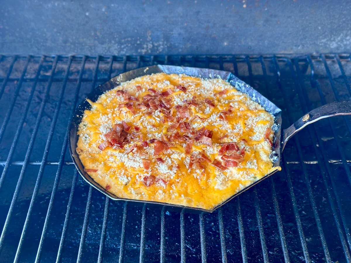 smoked jalapeno popper dip on a Traeger pellet grill