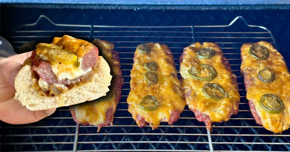 smoking sausage popper boats on a pellet grill