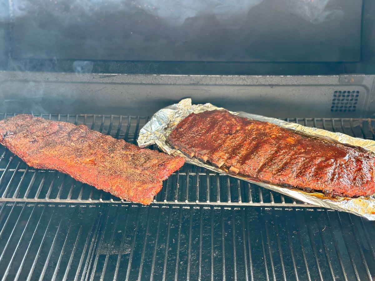 testing two different slabs of spare ribs on a pellet grill