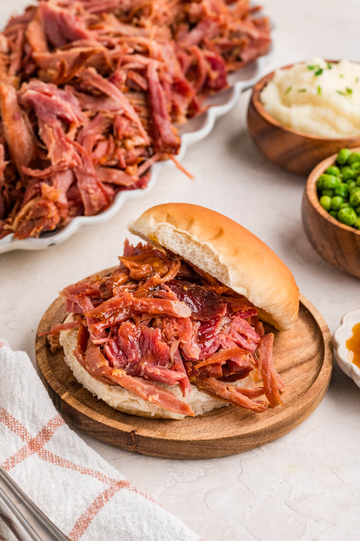 pulled ham sandwich on a bun
