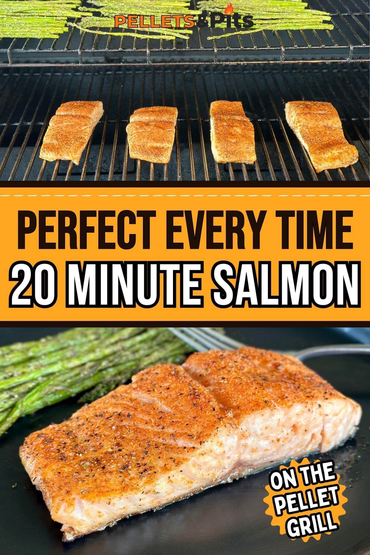 collage with salmon on a pellet grill and plated grilled salmon with asparagus