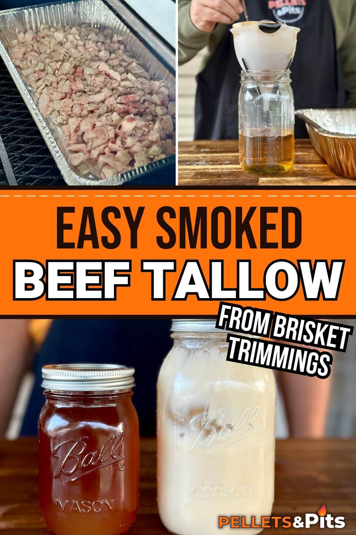 collage showing how to make smoked beef tallow on a pellet grill using brisket trimmings