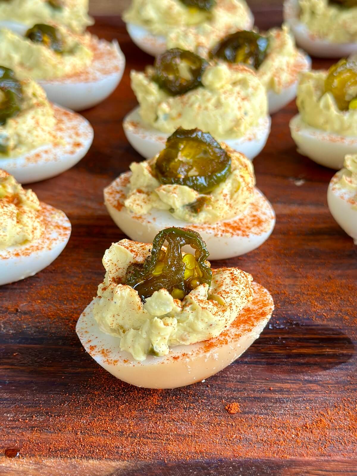 smoked deviled eggs with candied jalapenos