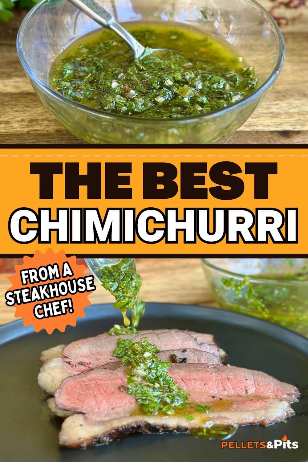 collage with a photo of chimichurri in a bowl and spooning the chimichurri sauce over slices of picanha