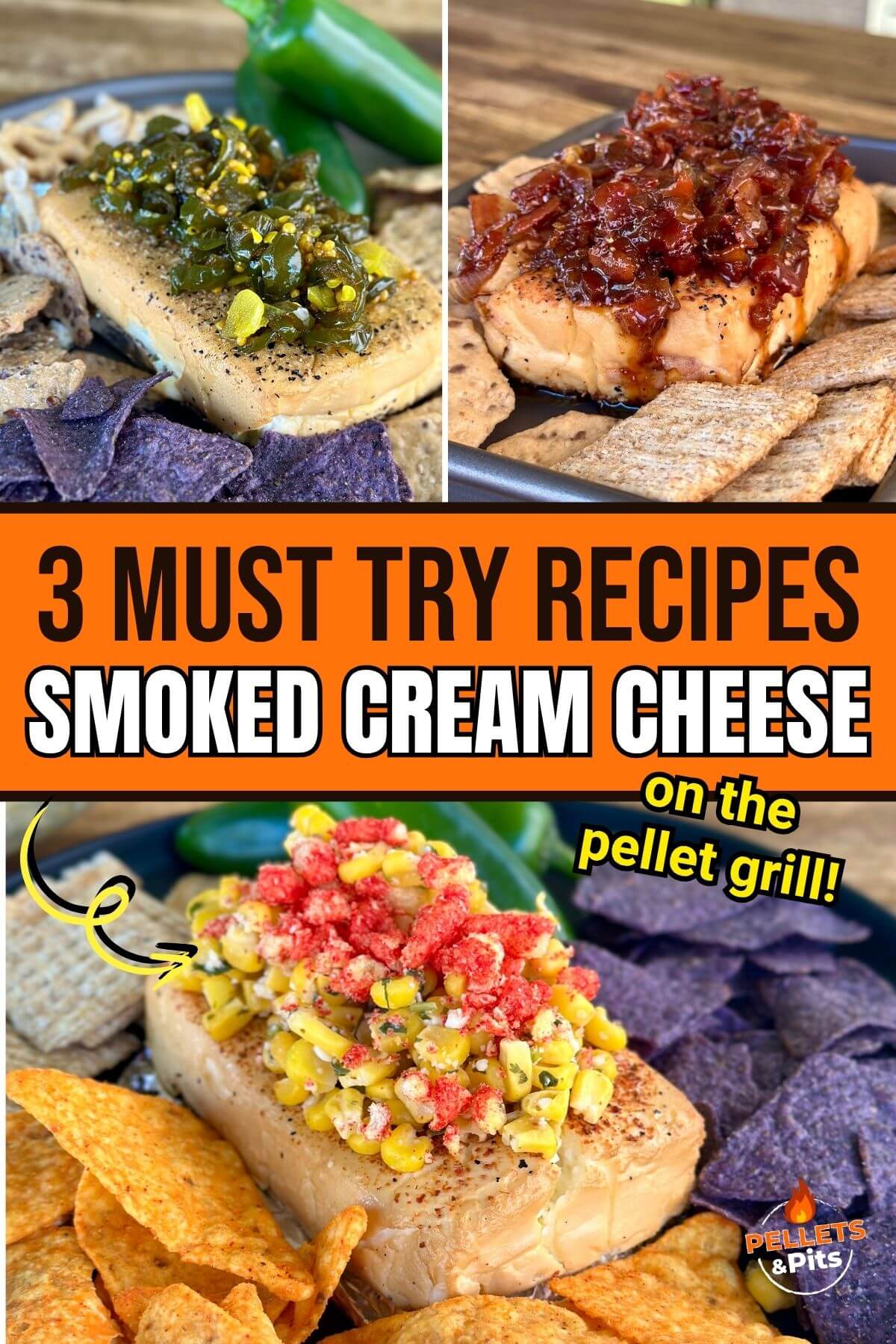 collage of three different smoked cream cheese recipes