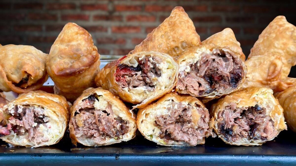 egg rolls with chopped brisket and cream cheese inside