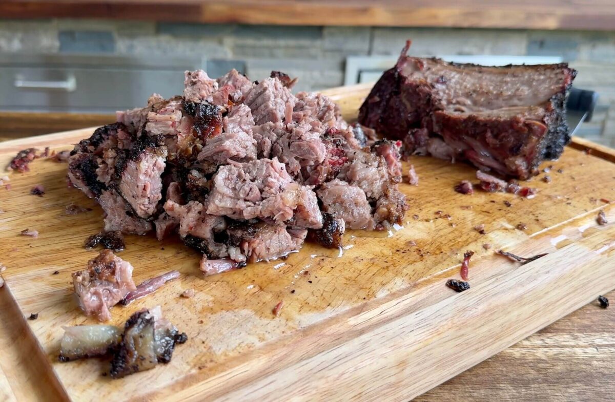 chopped brisket point on a cutting board
