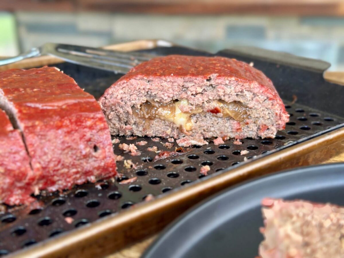 slice of French onion stuffed smoked meatloaf