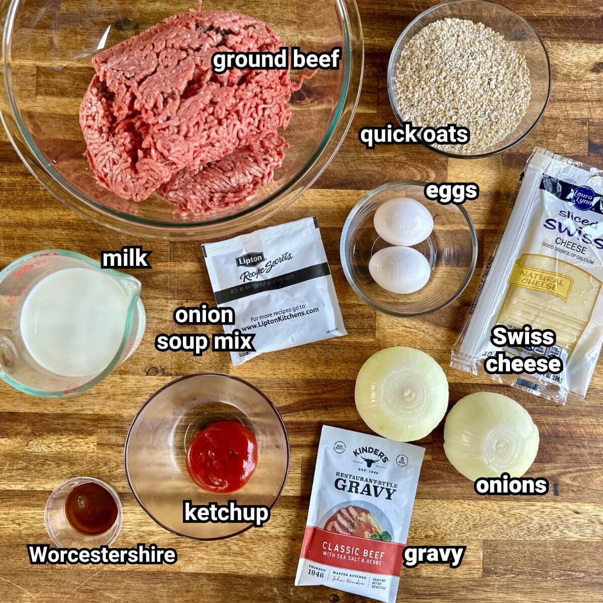 ingredients for French onion meatloaf made with onion soup mix