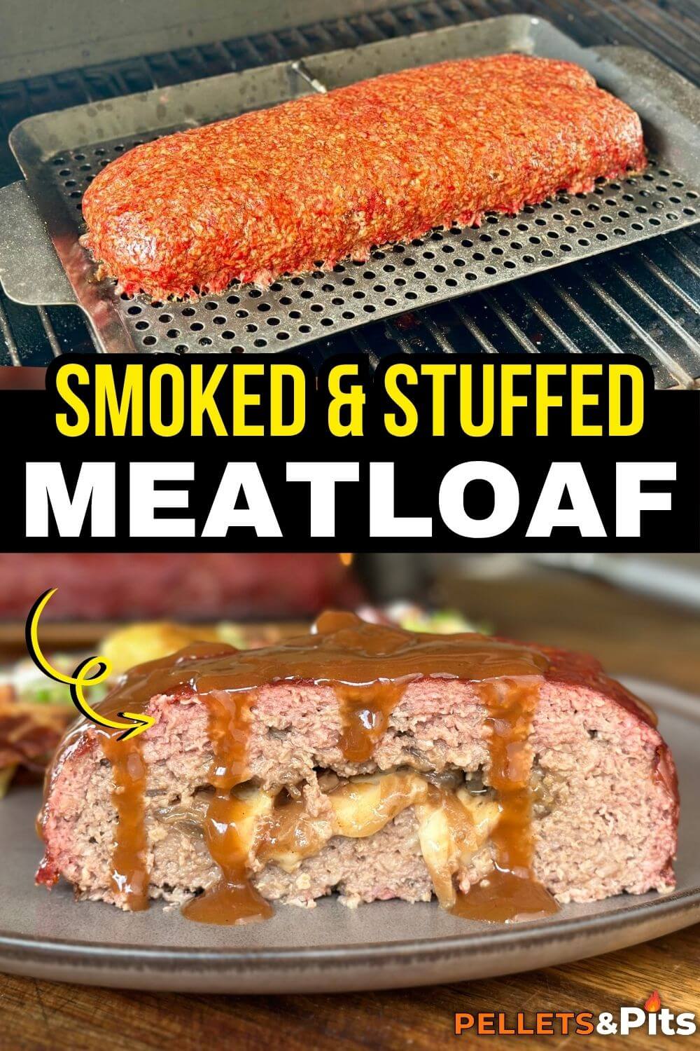 collage with a photo of a whole smoked meatloaf smoking on a pellet grill and a slice of stuffed French onion meatloaf
