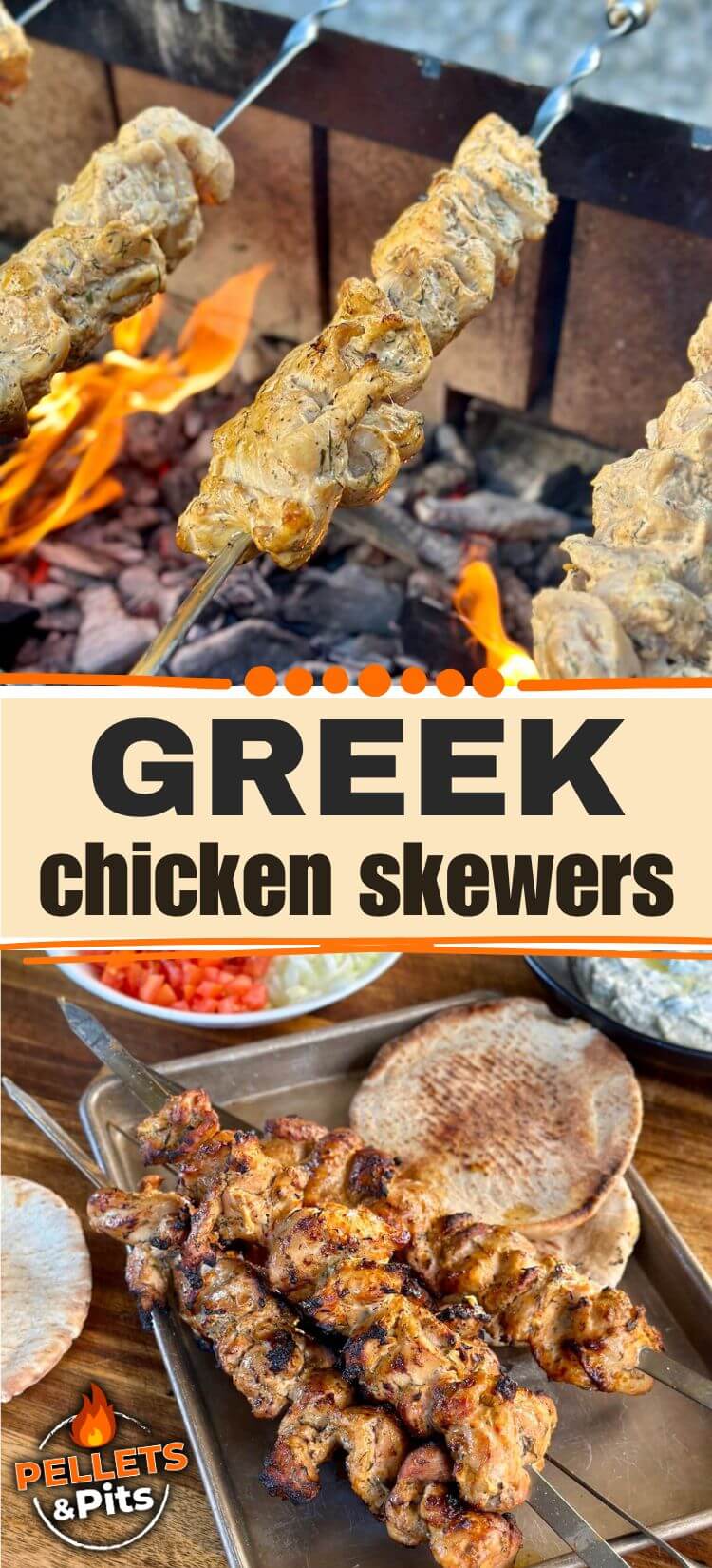 two panel collage with an image of grilling Greek chicken skewers over charcoal and an image of grilled chicken skewers with pita, tzaziki sauce, and diced tomato