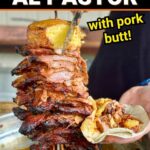 slicing grilled al pastor on a vertical skewer for tacos