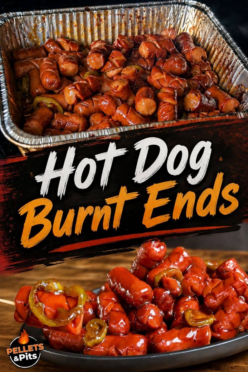 plate of hot dog burnt ends with pickled jalapenos and a foil pan of hot dog burnt ends cooking on a smoker