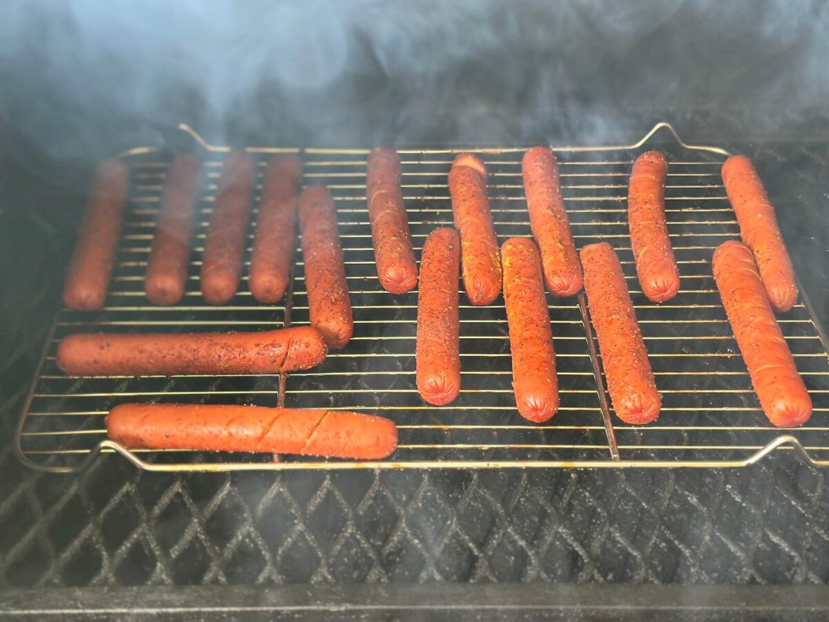 smoking hot dogs on a pellet grill