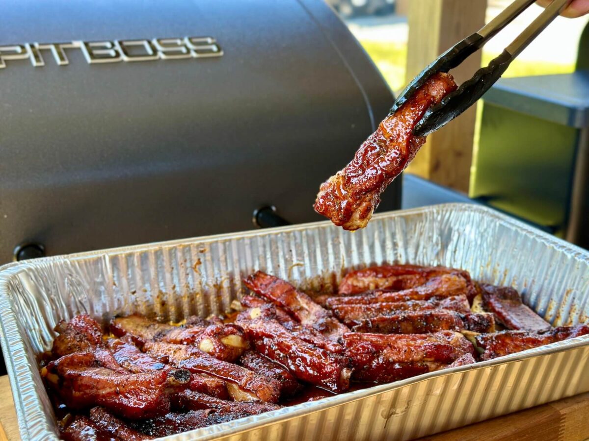 smoked party ribs in bbq sauce with a Pit Boss pellet grill