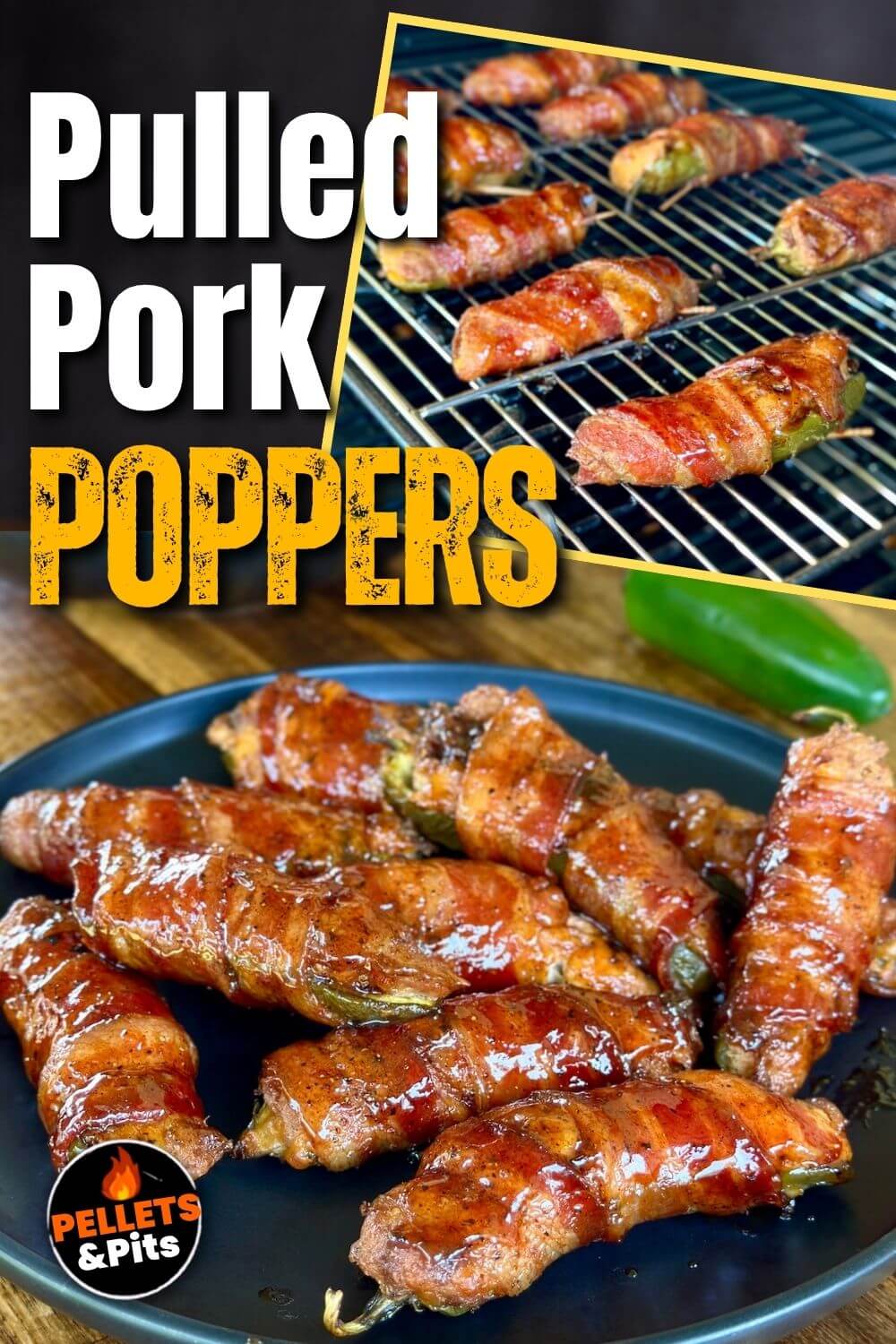 two panel collage with a photo of cooking bacon wrapped poppers on a grill and a plate of pulled pork jalapeno poppers