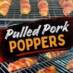 two panel collage of cooking bacon wrapped pulled pork jalapeno poppers on a pellet grill