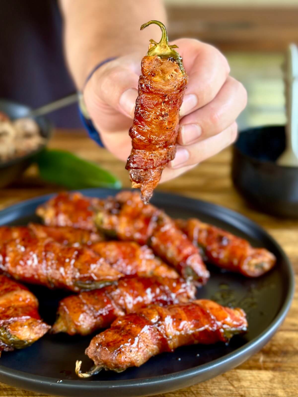bacon wrapped jalapeno popper with bbq glaze