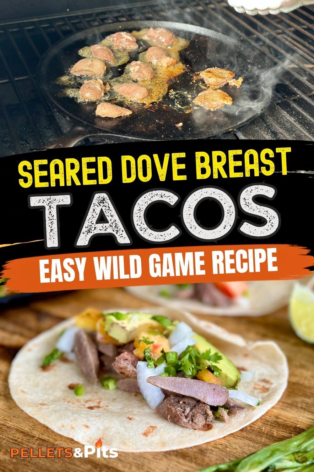 two panel collage with an image of cooking dove breasts on a grill and seared dove tacos