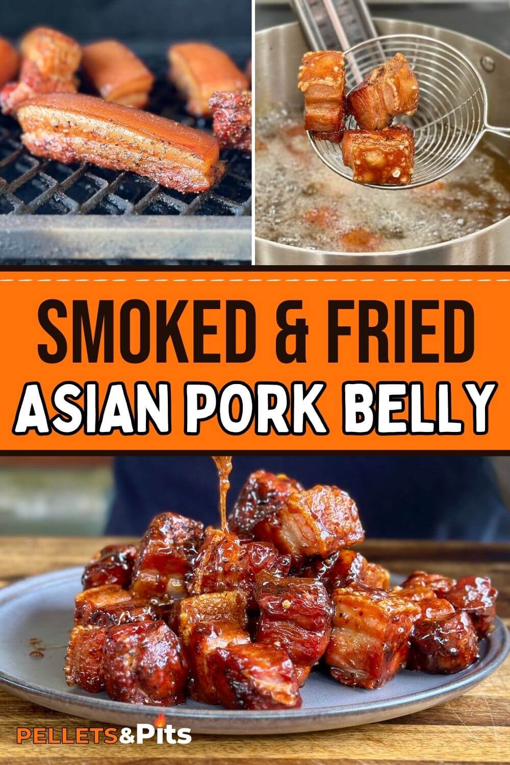 collage with sliced pork belly smoking on a pellet grill, frying cubes of smoked pork belly, and sauced Asian pork belly burnt ends