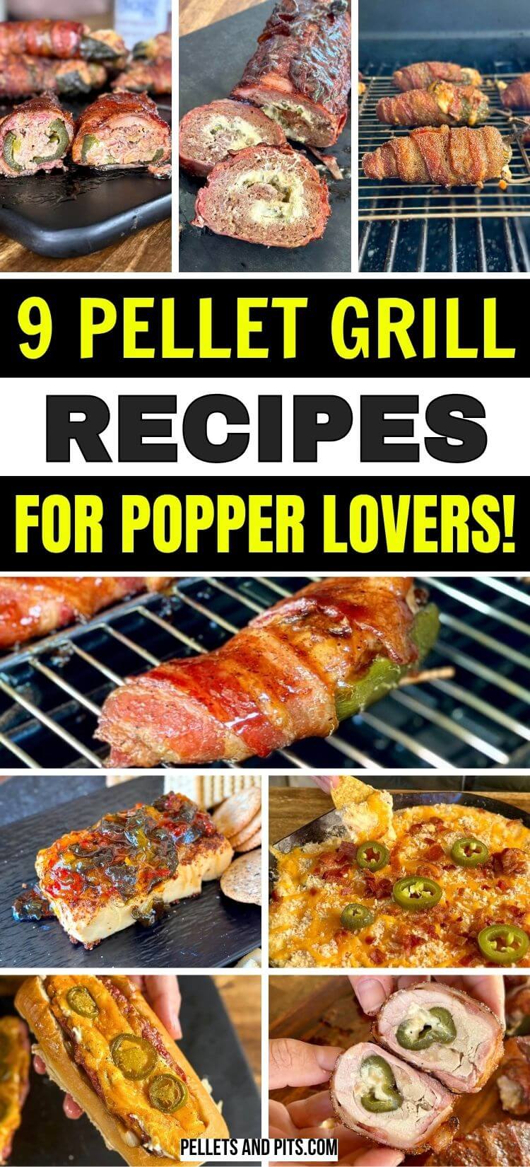 collage of 9 jalapeno popper inspired recipes include brisket stuffed jalapeno poppers, jalapeno popper dip, pulled pork stuffed poppers, sausage popper boats, and jalapeno popper meatloaf