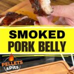 two panel collage with a photo of smoked pork belly cut to look like a pork rib and an image of a whole smoked pork belly with barbecue sauce on a cutting board