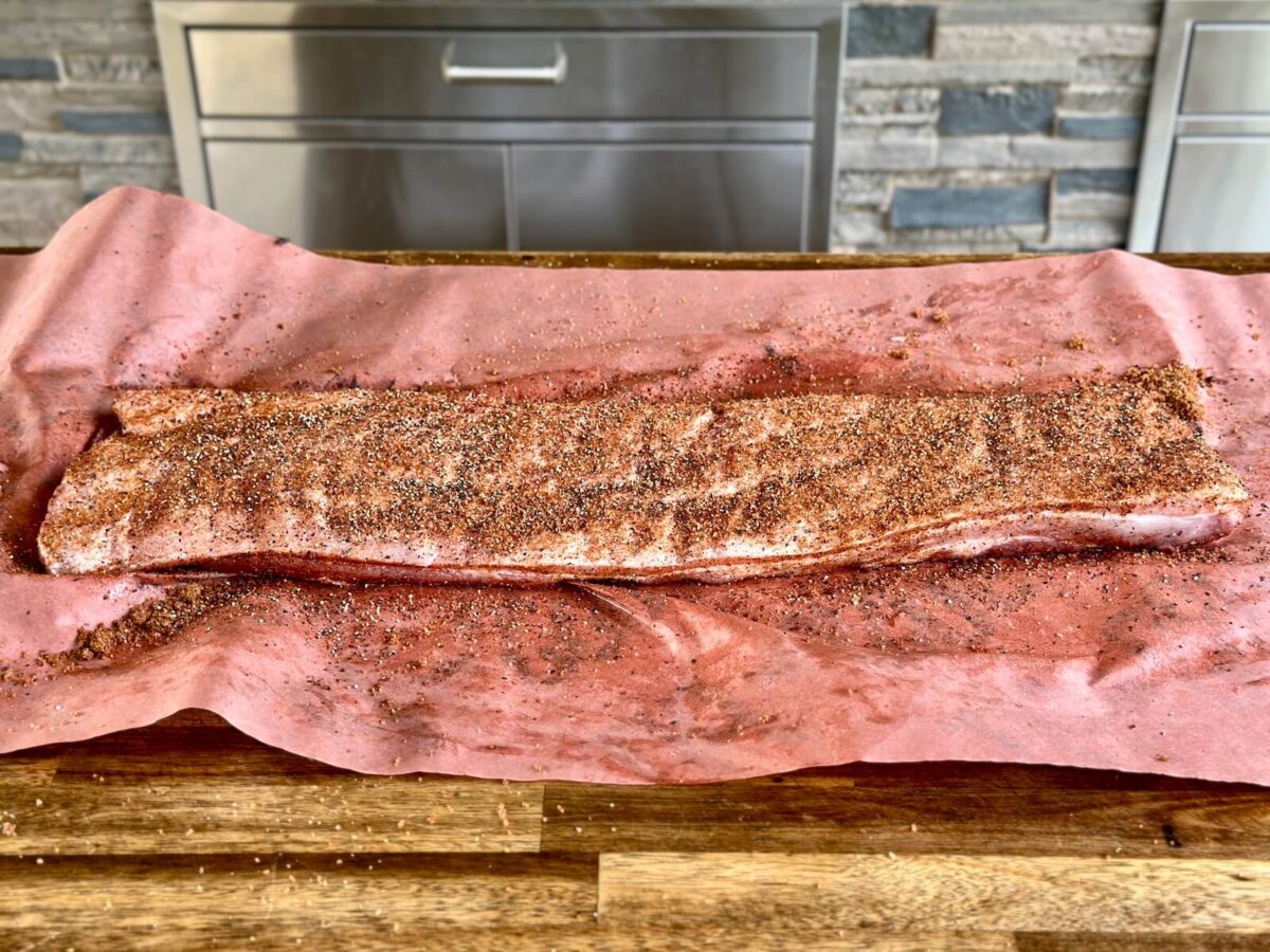 whole pork belly seasoned with barbecue seasoning