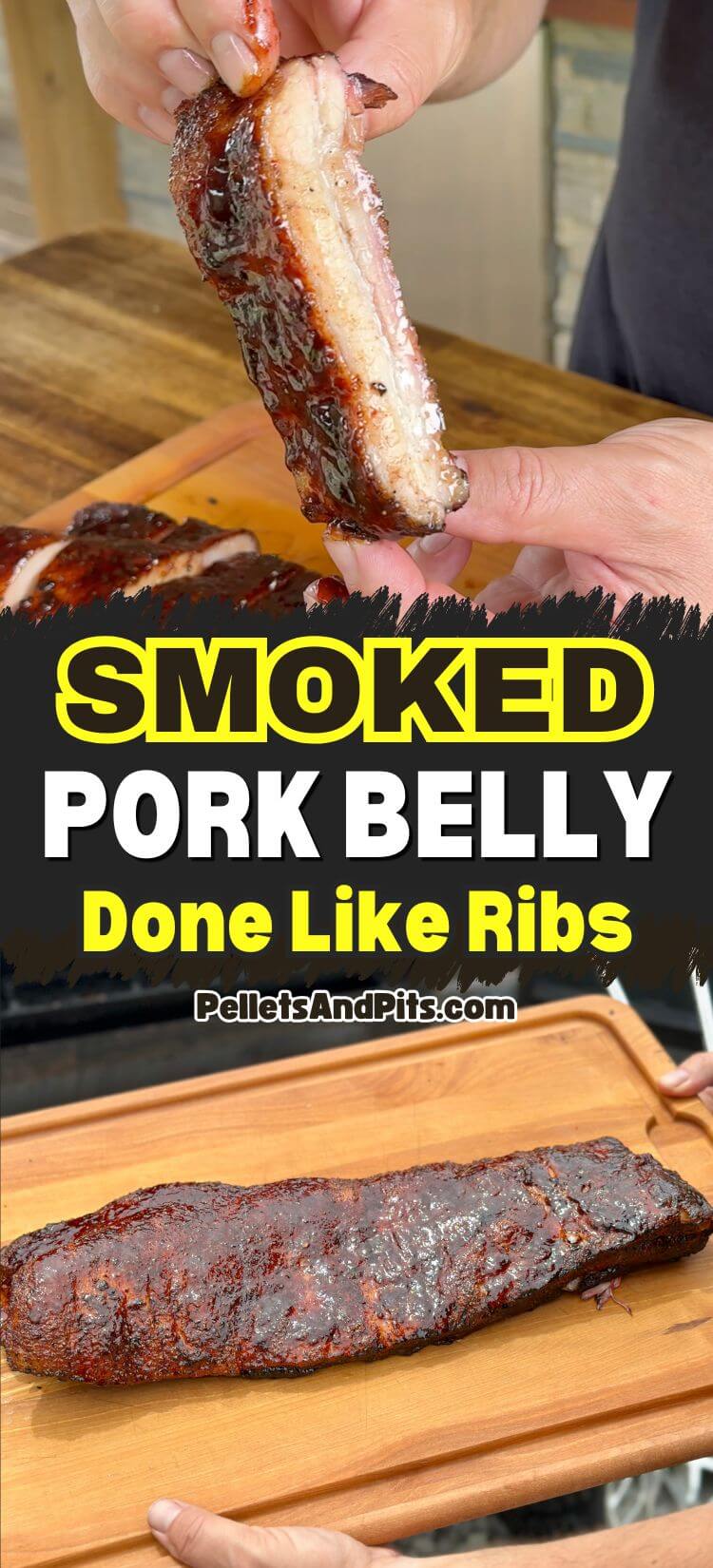 two panel collage with a photo of smoked pork belly cut to look like a pork rib and an image of a whole smoked pork belly with barbecue sauce on a cutting board