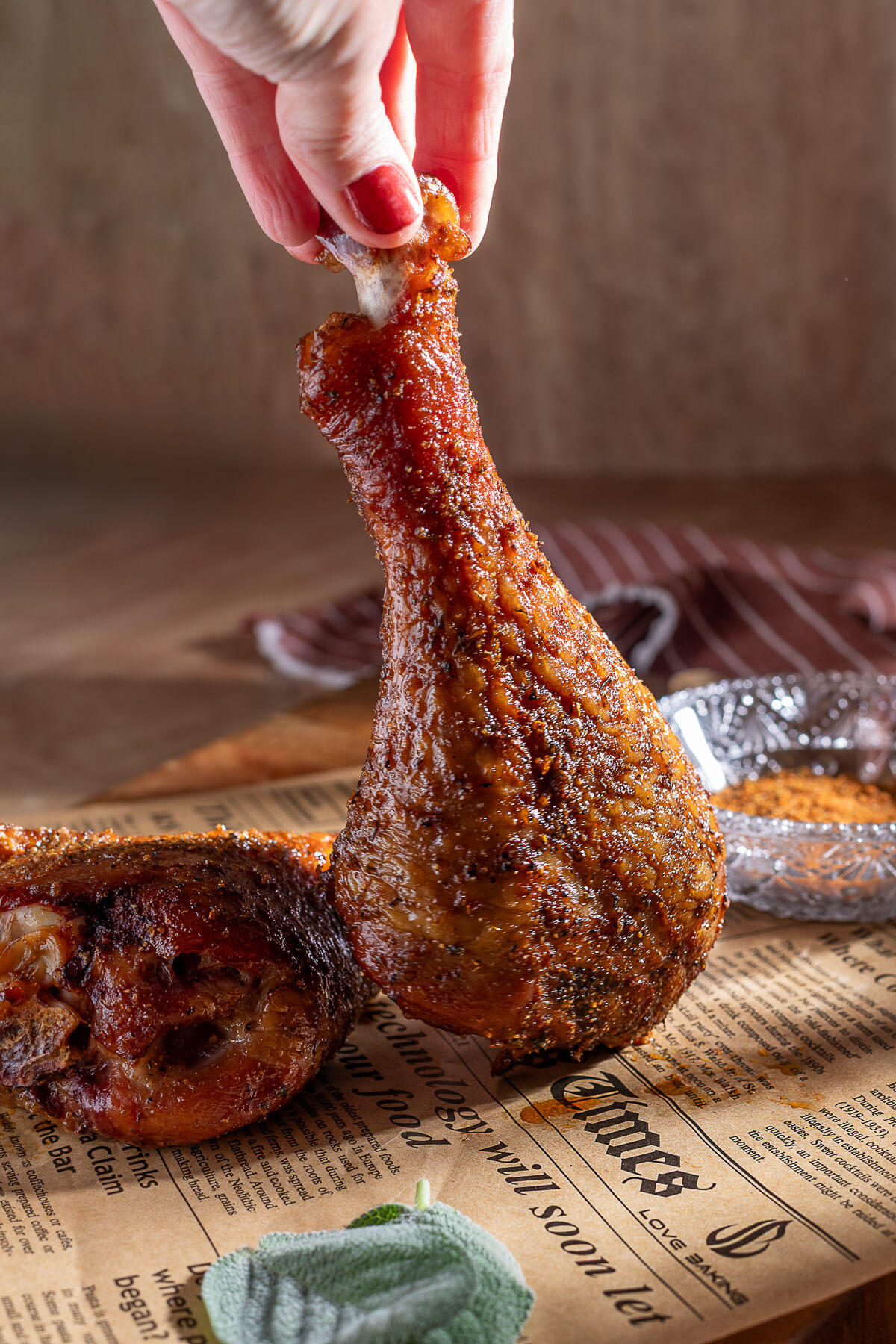 a smoked turkey leg with seasoning and golden brown skin