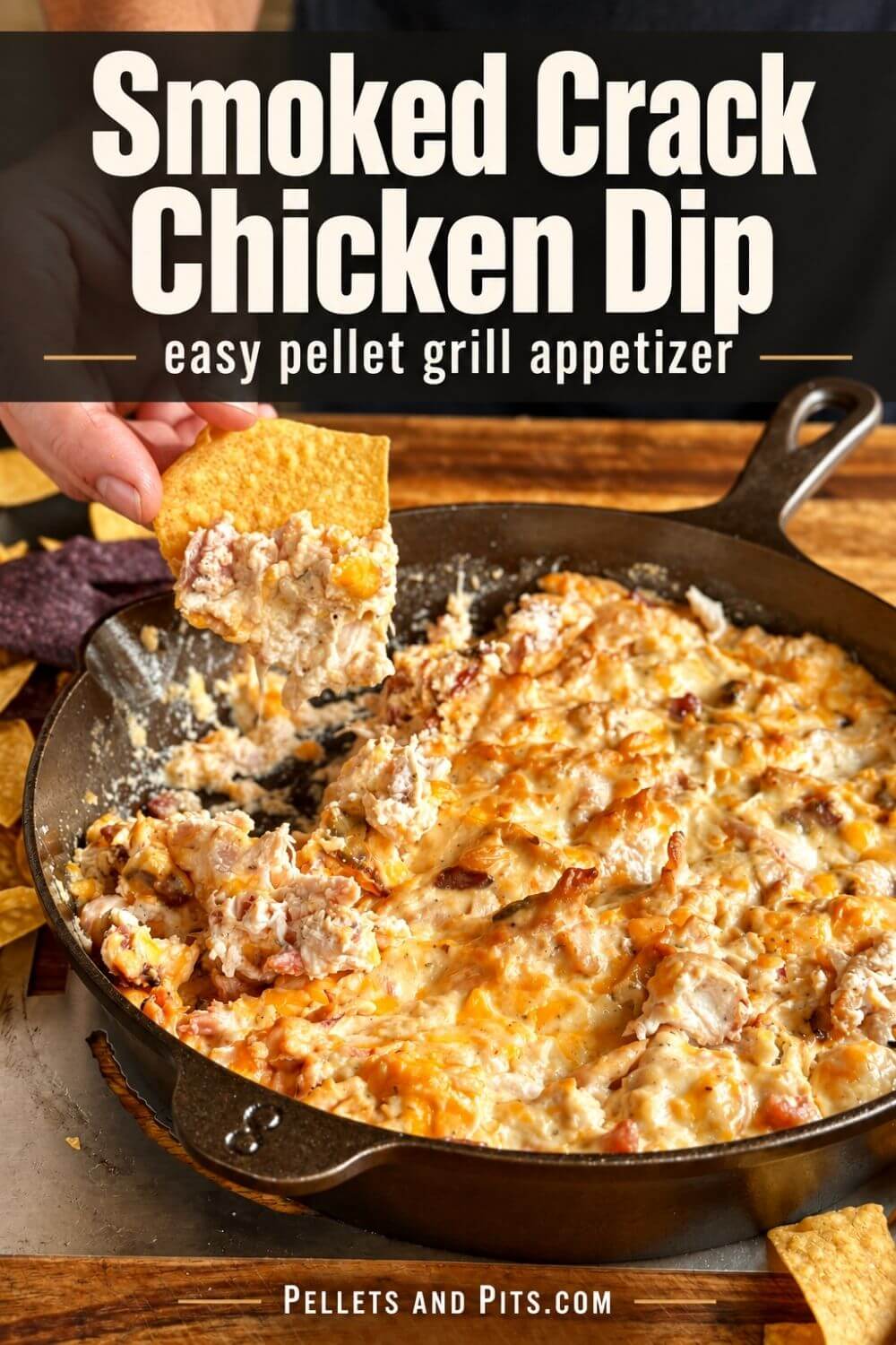 smoked crack chicken dip in a cast iron skillet