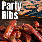 two image collage of smoking party ribs on a pellet grill and a plate of party ribs with barbecue sauce
