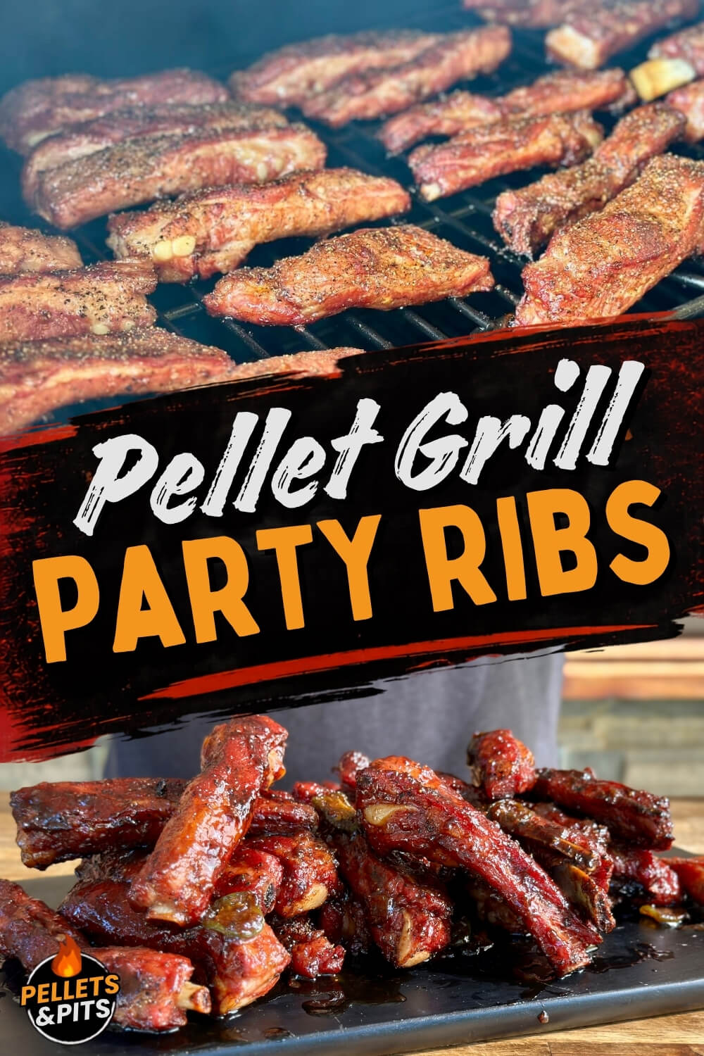 two image collage of smoking party ribs on a pellet grill and a plate of party ribs with barbecue sauce