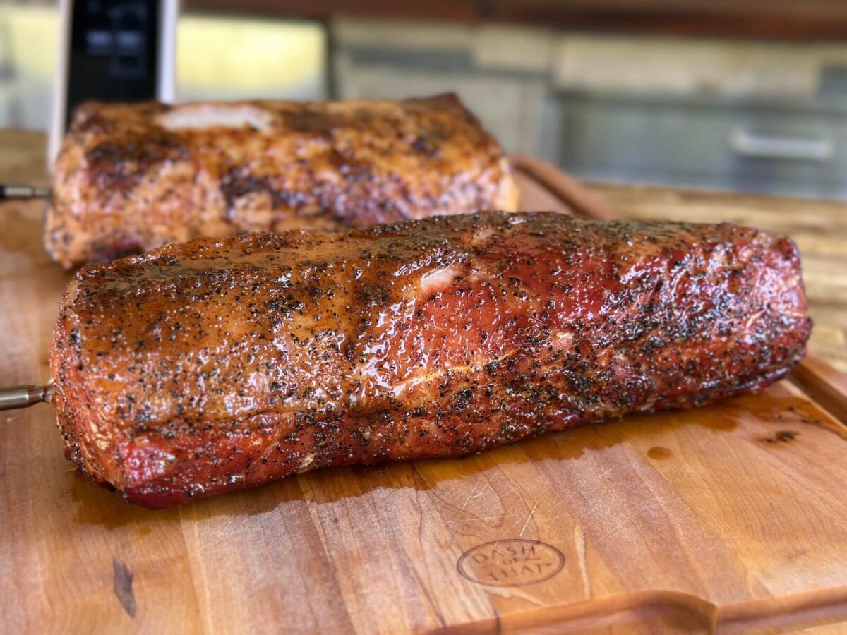 smoked pork loin on a cutting board