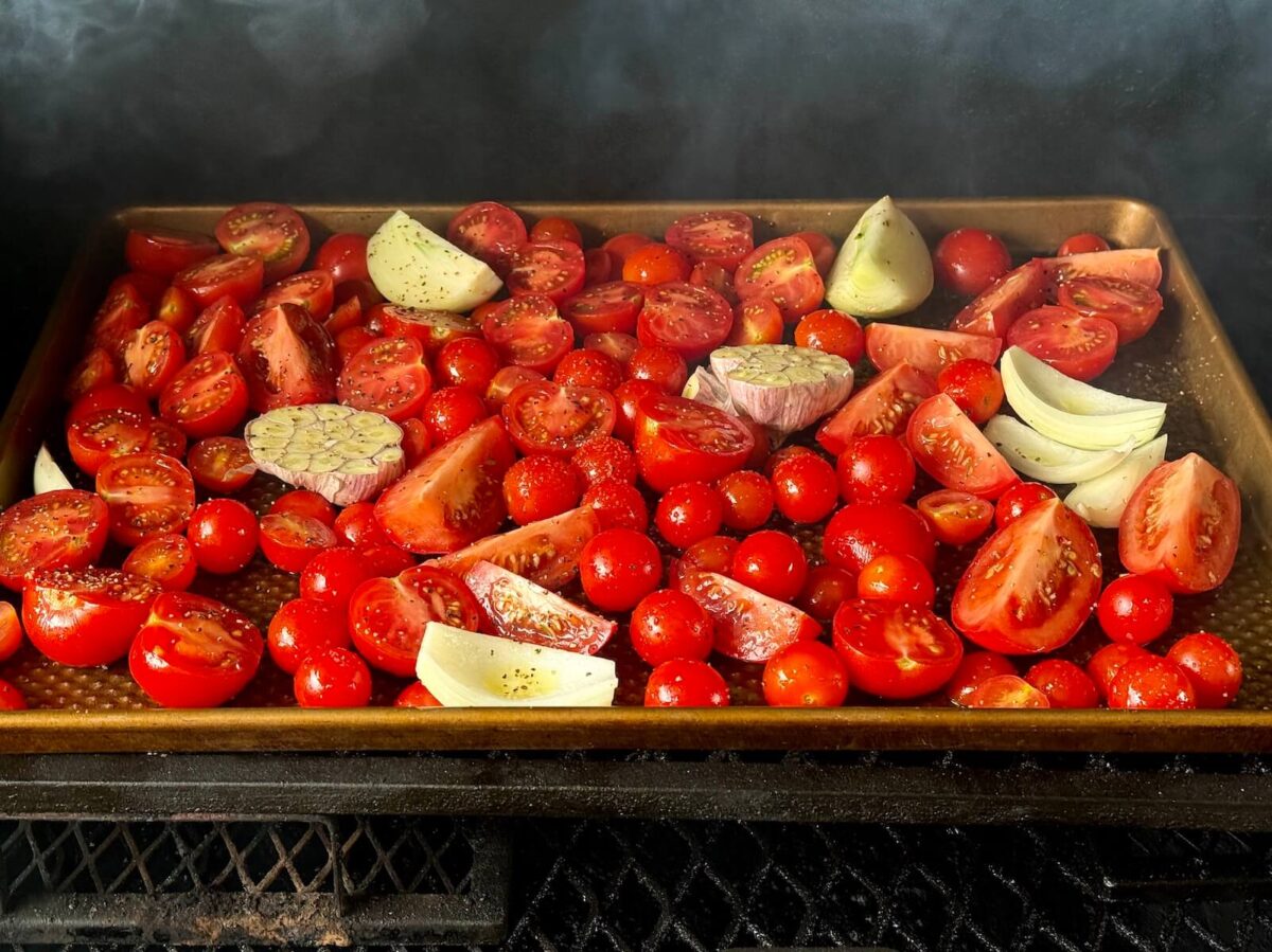 smoking tomatoes, onions, and garlic on a pellet grill