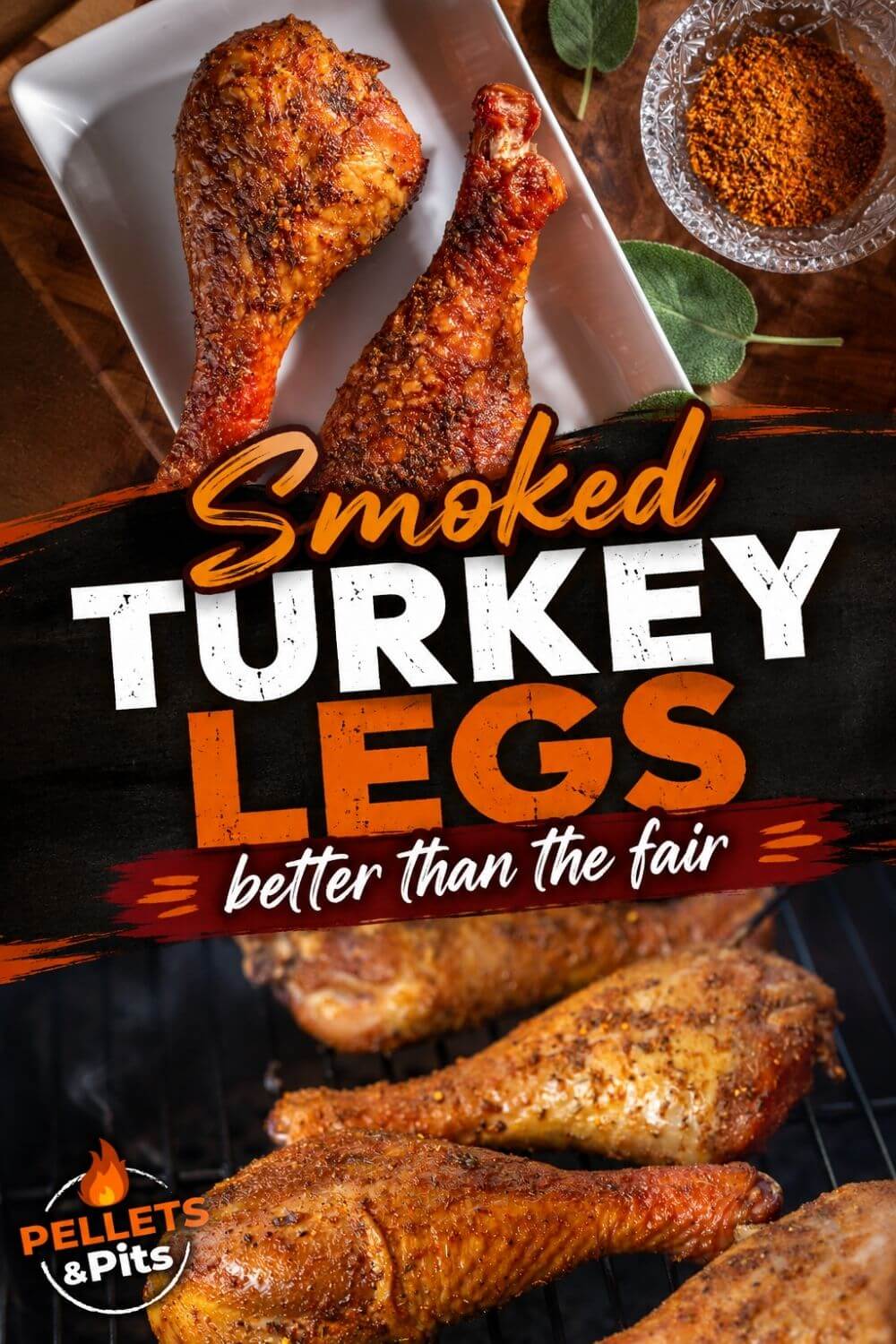 two panel image with a photo of cooking turkey legs on a grill and smoked turkey legs on a sheet tray