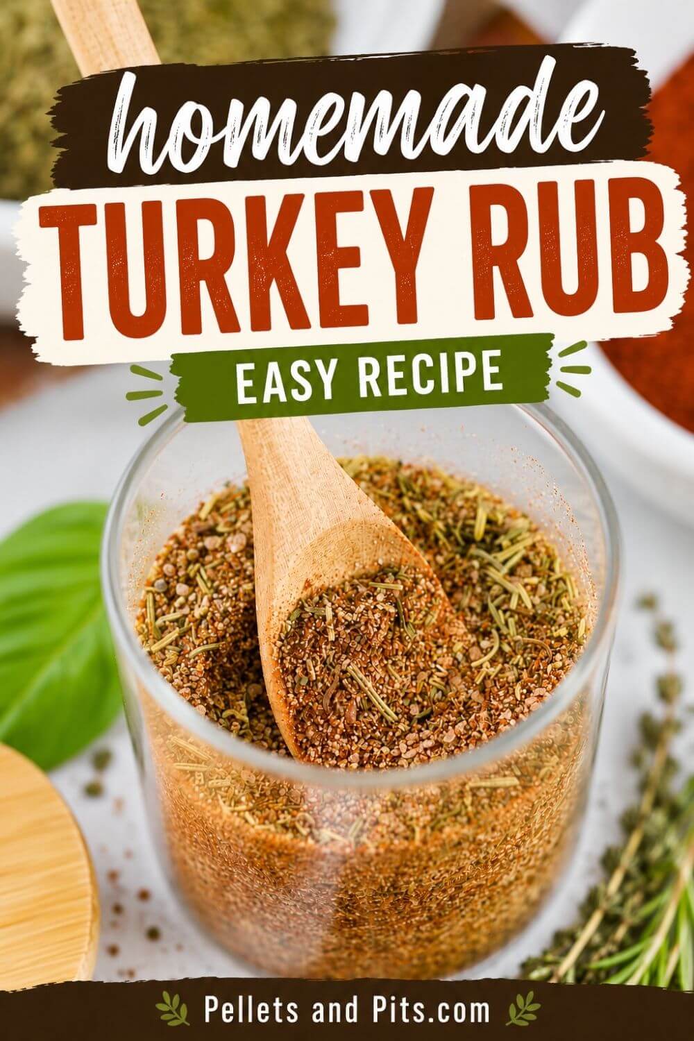 turkey seasoning in a jar and text overlay that says "homemade turkey rub - easy recipe"