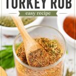 turkey seasoning in a jar and text overlay that says "homemade turkey rub - easy recipe"