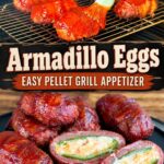 Delicious smoked armadillo eggs glazed with barbecue sauce on a pellet grill, paired with sliced armadillo eggs showing a cheesy jalapeño center surrounded by sausage and bacon. Text reads “Armadillo Eggs – Easy Pellet Grill Appetizer,” with Pellets and Pits.com branding.