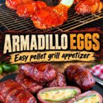 Smoked armadillo eggs being brushed with barbecue sauce on a pellet grill, with a close-up of the finished bacon-wrapped jalapeños stuffed with creamy cheese filling. Bold text reads “Armadillo Eggs” and “Easy pellet grill appetizer.” Recipe from Pellets and Pits.com.