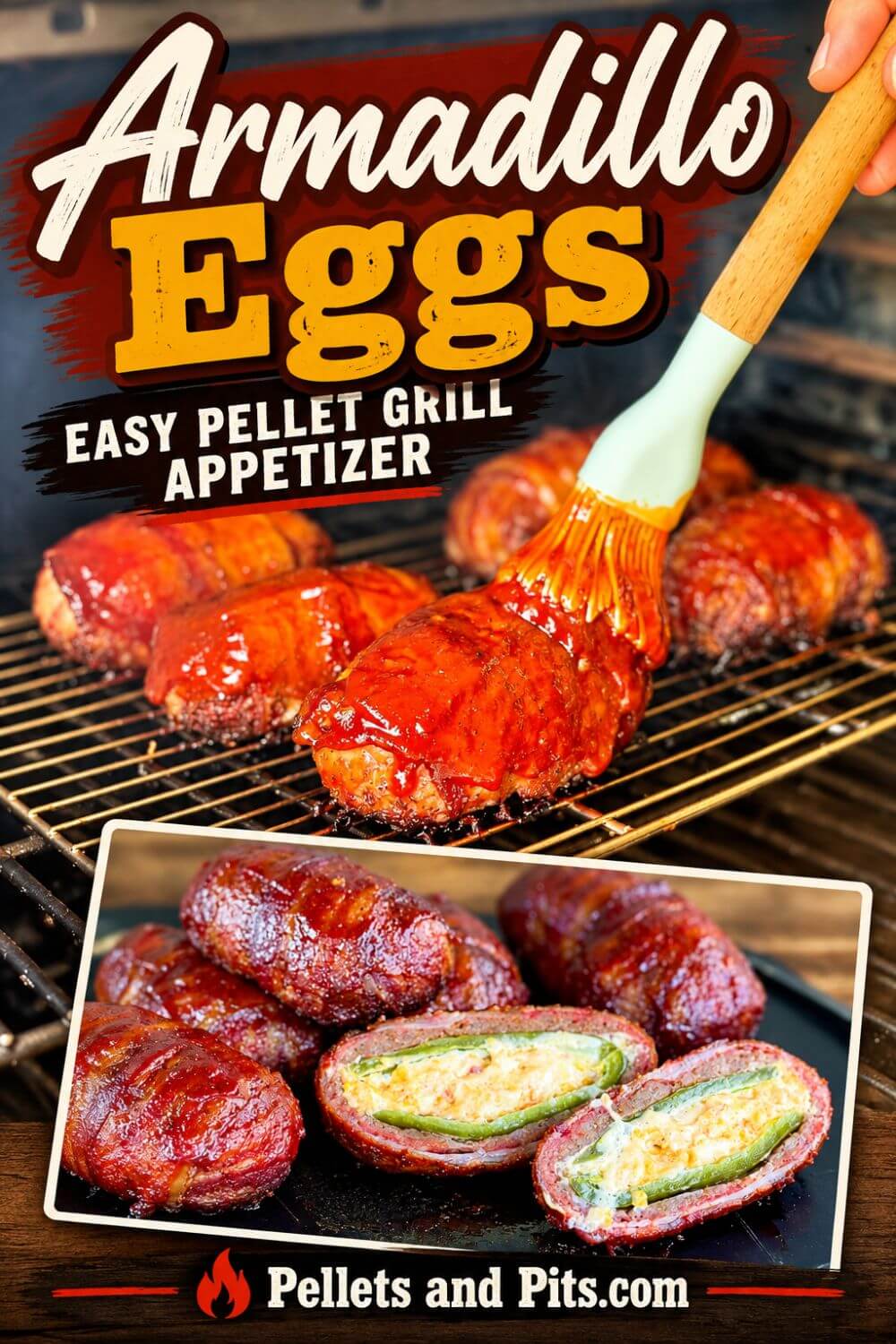 Close-up of barbecue-glazed armadillo eggs cooking on a pellet smoker with a basting brush applying sauce. An inset photo shows the finished smoked armadillo eggs sliced open to reveal cream cheese-stuffed jalapeños wrapped in sausage and bacon. Text reads “Armadillo Eggs – Easy Pellet Grill Appetizer” from Pellets and Pits.com.