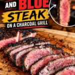 Juicy Black and Blue Steak sliced on a wooden cutting board, showing a dark, crispy seared crust and tender, rare pink center. A close-up inset highlights the inside of the steak. Pinterest pin featuring a Pittsburgh-style steak recipe cooked over hot charcoal from Pellets and Pits.